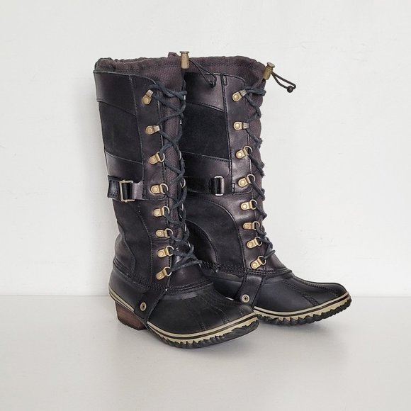 Sorel Conquest Carly Women's Black Leather Tall Winter Boots NL2033-010 - Size 7 - Picture 1 of 1